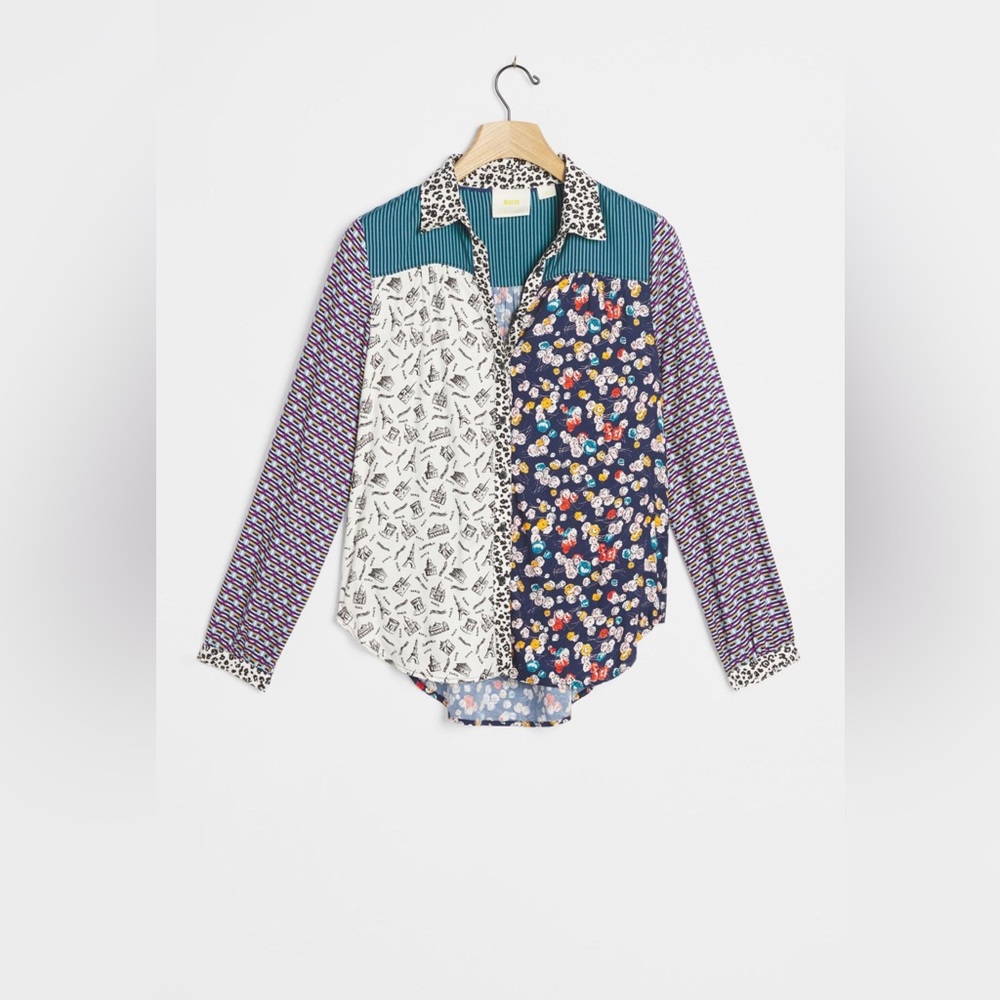 Maeve Anthropologie patchwork Fern button down collared shirt size 2XL